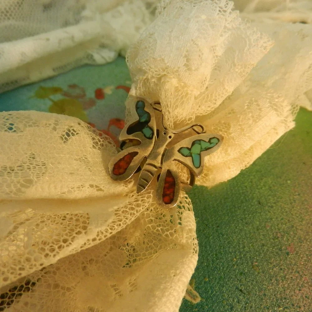 VTG Sterling silver butterfly ring Navajo artisan turquoise garnet nature sz 11